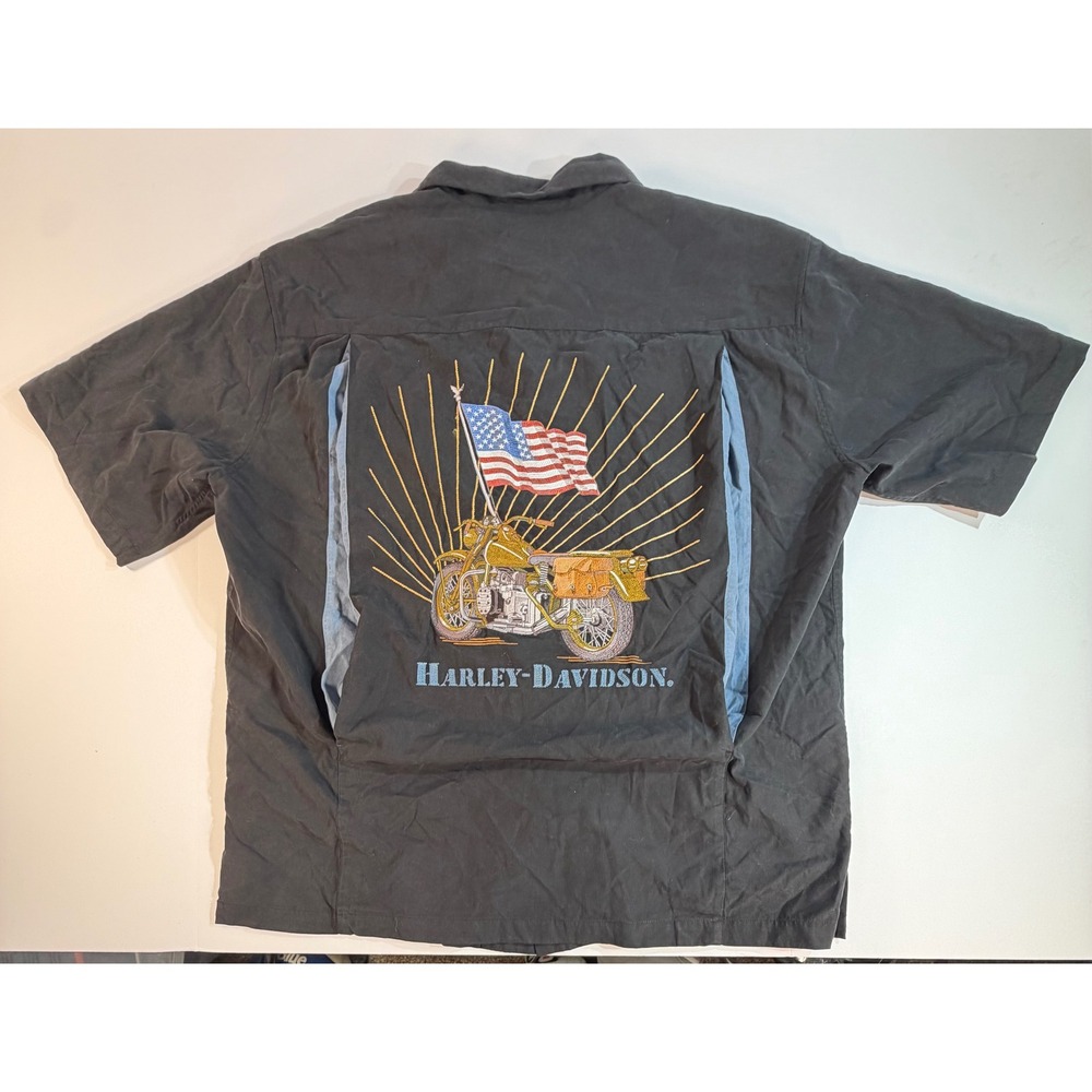 Harley-Davidson Silk Cotton Shirt XL Black Embroidered Motorcycle American Flag